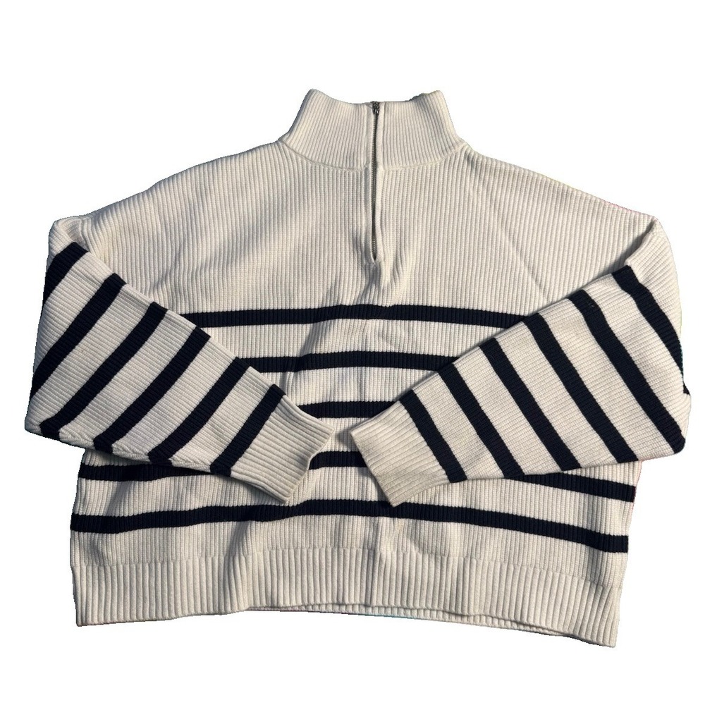 Mango MNG Women's Quarter Zip Striped Cropped Sweater Ribbed Black Cream Medium